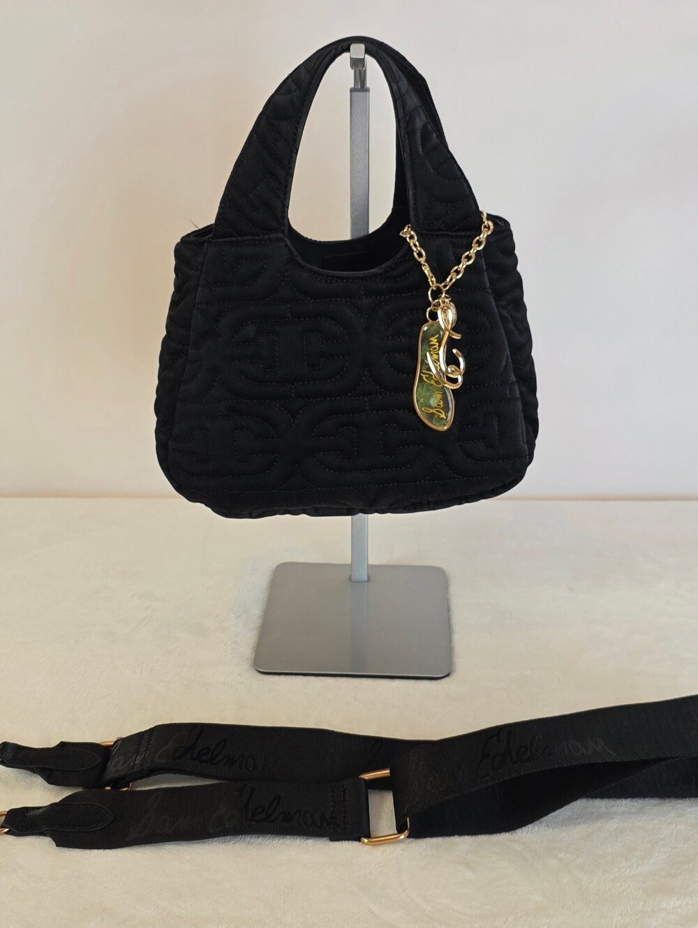 NWOT Sam Edelman Black Quilted Mini Tote Crossbody Bag Logo Strap Charm
